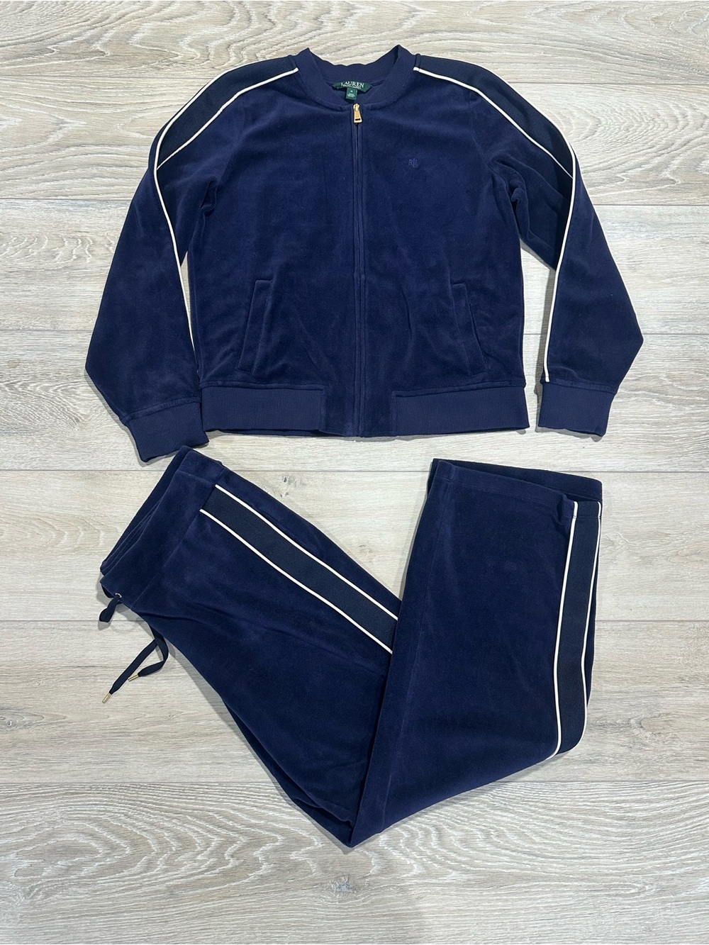 Lauren Ralph Lauren Velour Tracksuit Set Navy Blue Medium Athleisure Loungewear - Picture 2 of 13